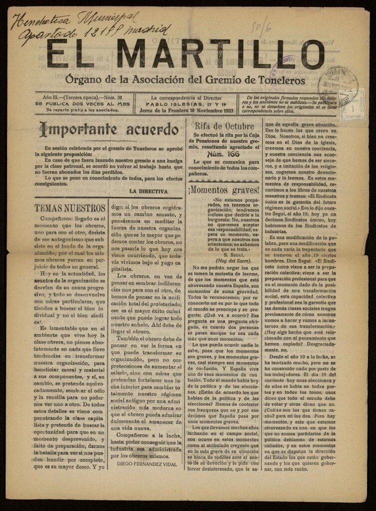 Miniatura de El Martillo: órgano de la Asociación del Gremio de Toneleros del 10 de noviembre de 1933, nº 91