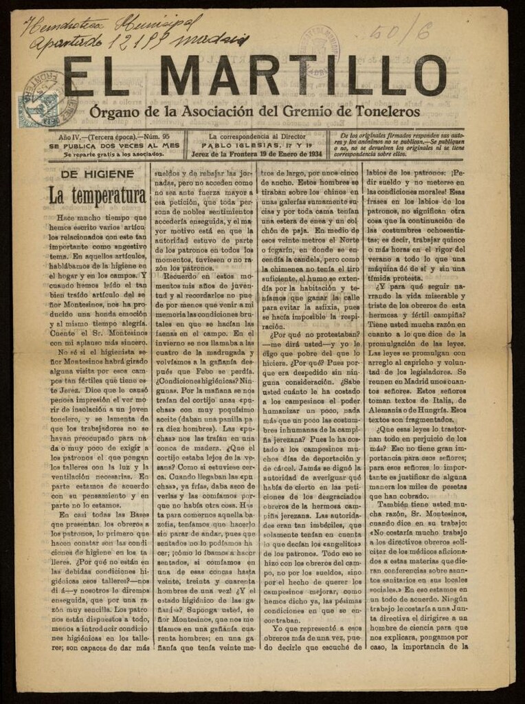 Miniatura de El Martillo: órgano de la Asociación del Gremio de Toneleros del 19 de enero de 1934, nº 95