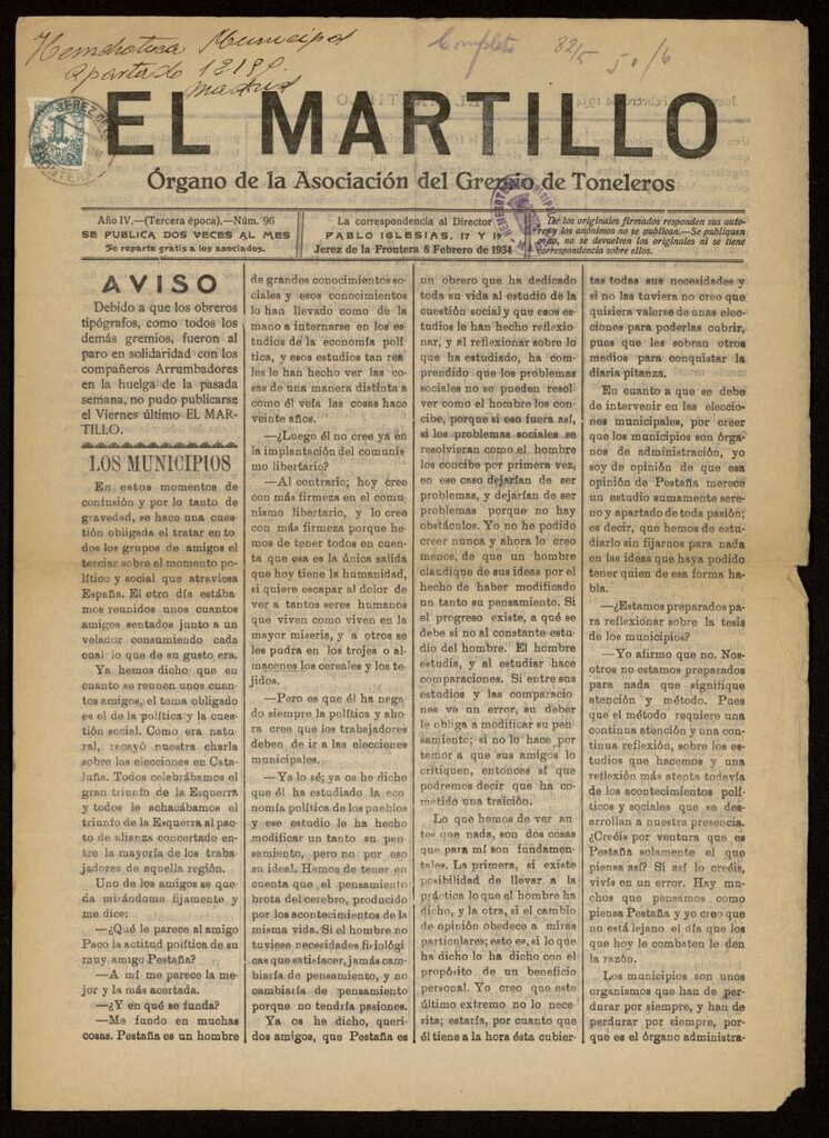 Miniatura de El Martillo: órgano de la Asociación del Gremio de Toneleros del 8 de febrero de 1934, nº 96