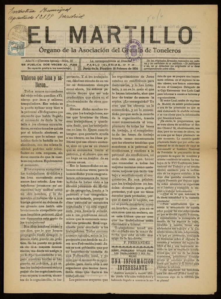 Miniatura de El Martillo: órgano de la Asociación del Gremio de Toneleros del 16 de febrero de 1934, nº 97