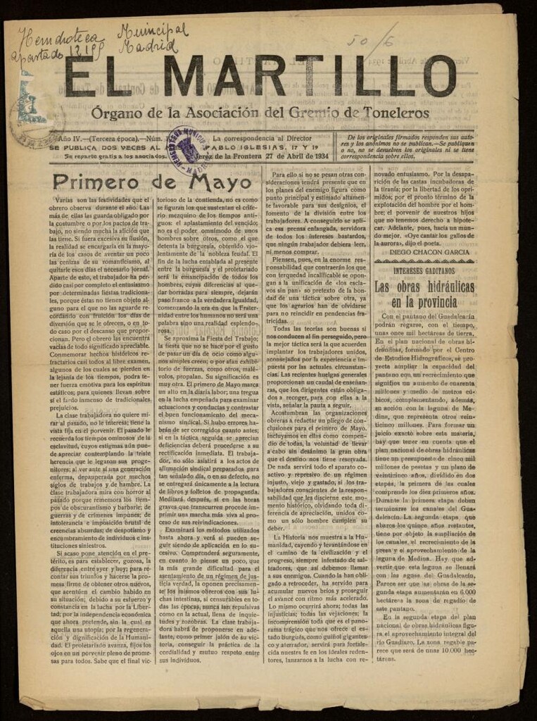 Miniatura de El Martillo: órgano de la Asociación del Gremio de Toneleros del 27 de abril de 1934, nº 102