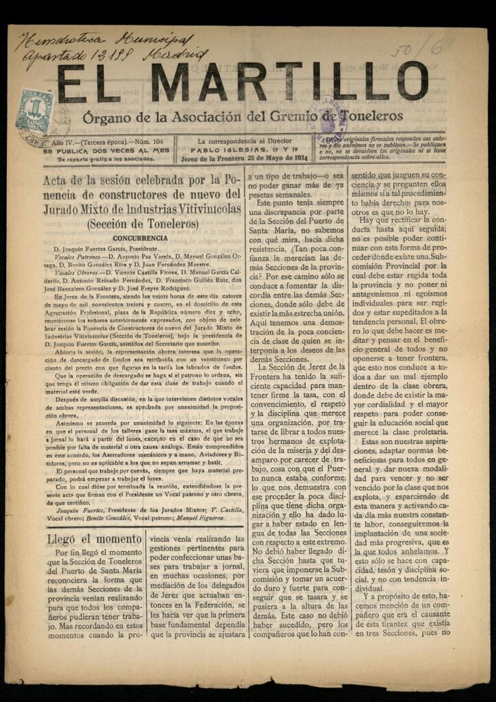 Miniatura de El Martillo: órgano de la Asociación del Gremio de Toneleros del 25 de mayo de 1934, nº 104