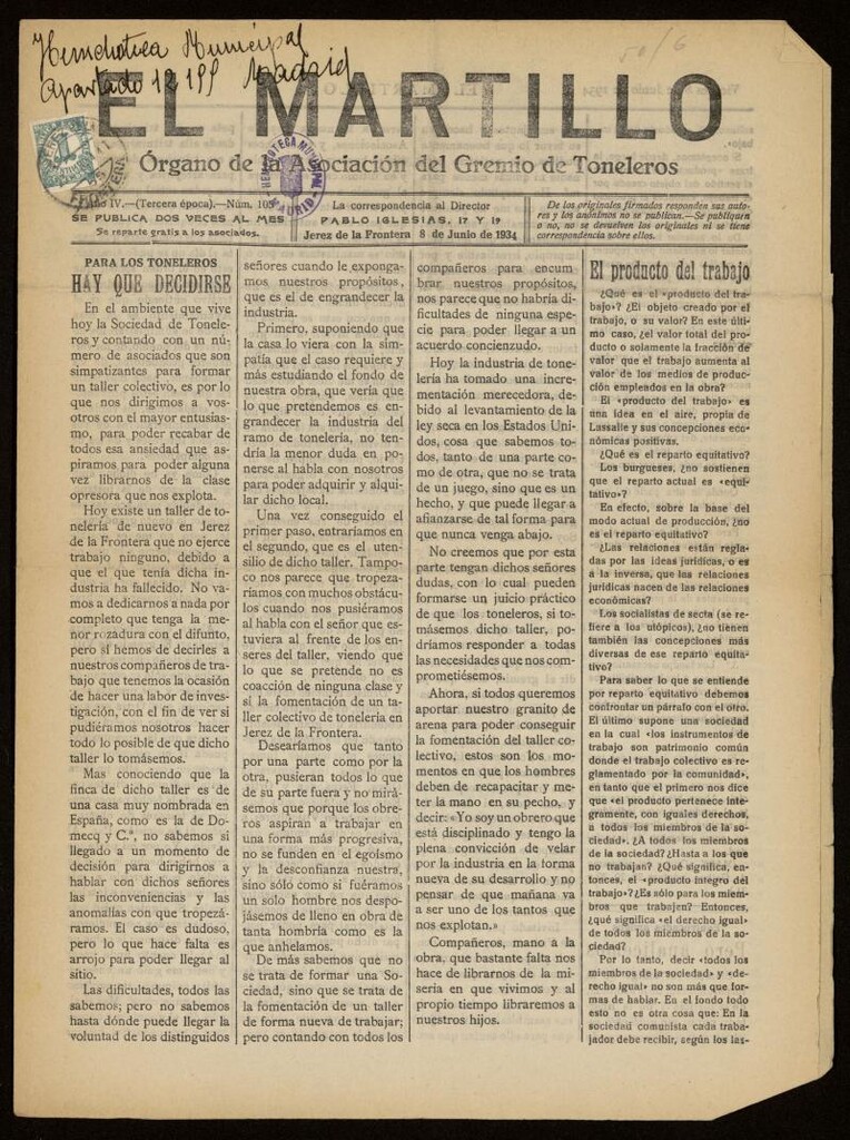 Miniatura de El Martillo: órgano de la Asociación del Gremio de Toneleros del 8 de junio de 1934, nº 105