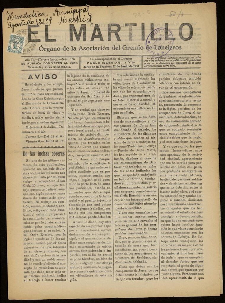 Miniatura de El Martillo: órgano de la Asociación del Gremio de Toneleros del 22 de junio de 1934, nº 106