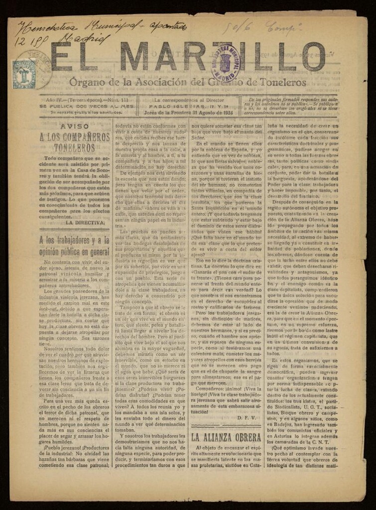 Miniatura de El Martillo: órgano de la Asociación del Gremio de Toneleros del 31 de agosto de 1934, nº 111