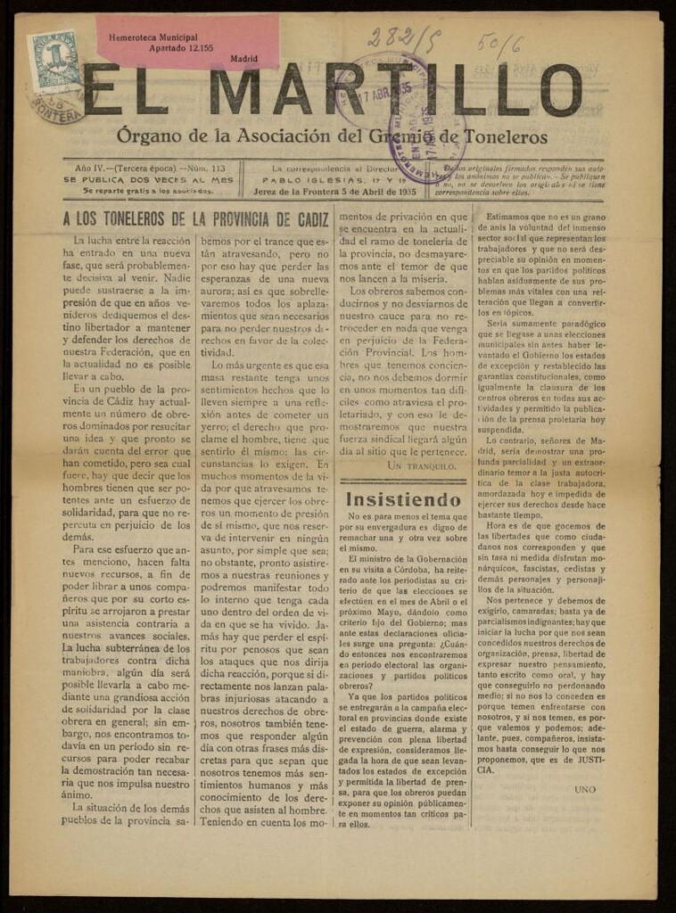 Miniatura de El Martillo: órgano de la Asociación del Gremio de Toneleros del 5 de abril de 1935, nº 113