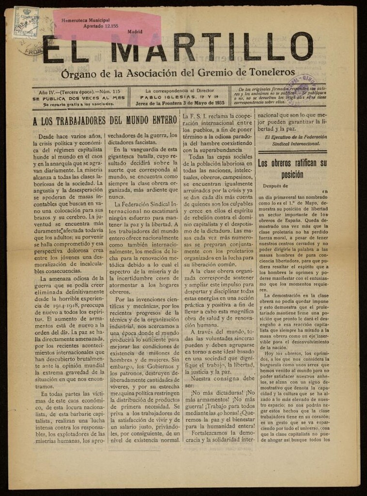 Miniatura de El Martillo: órgano de la Asociación del Gremio de Toneleros del 3 de mayo de 1935, nº 115