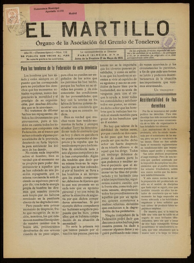 Miniatura de El Martillo: órgano de la Asociación del Gremio de Toneleros del 17 de mayo de 1935, nº 116