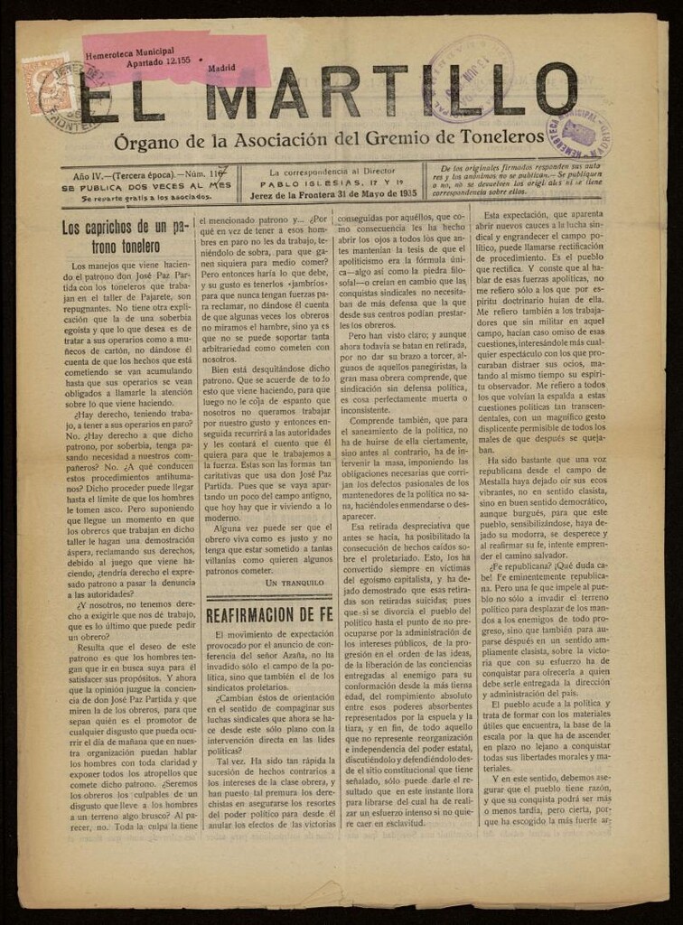 Miniatura de El Martillo: órgano de la Asociación del Gremio de Toneleros, del 31 de mayo de 1935, nº 117