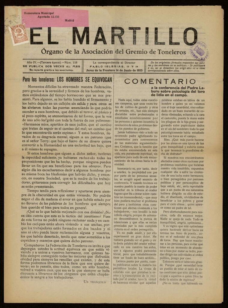 Miniatura de El Martillo: órgano de la Asociación del Gremio de Toneleros del 14 de junio de 1935, nº 118