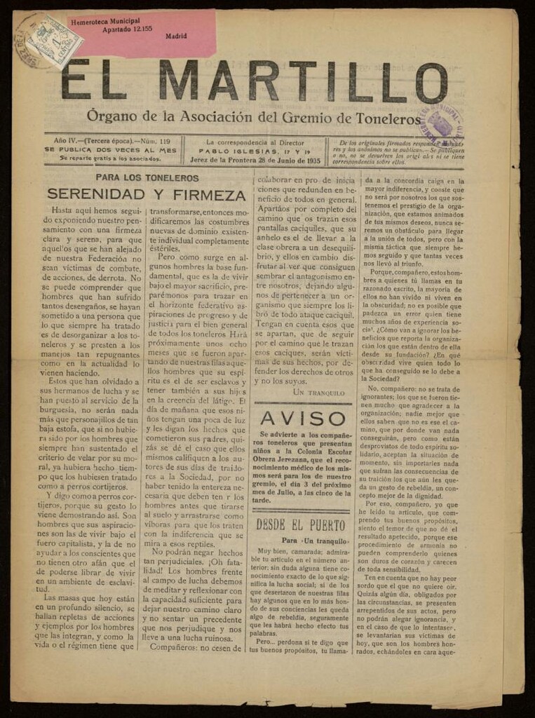 Miniatura de El Martillo: órgano de la Asociación del Gremio de Toneleros del 28 de junio de 1935, nº 119