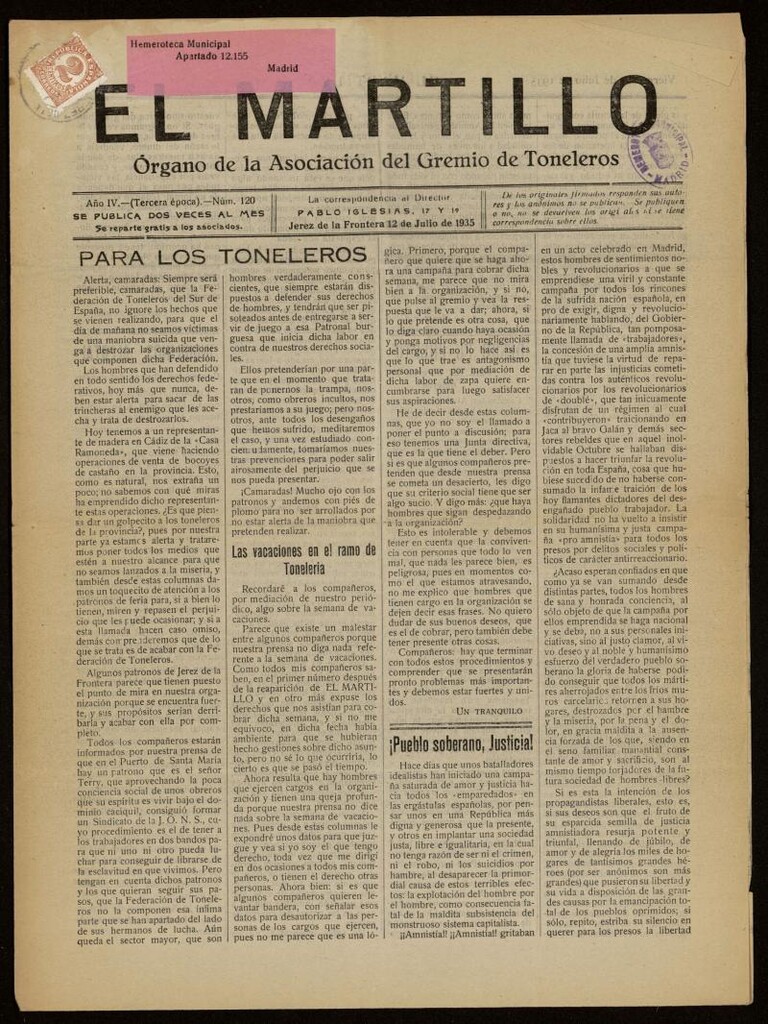 Miniatura de El Martillo: órgano de la Asociación del Gremio de Toneleros del 12 de julio de 1935, nº 120