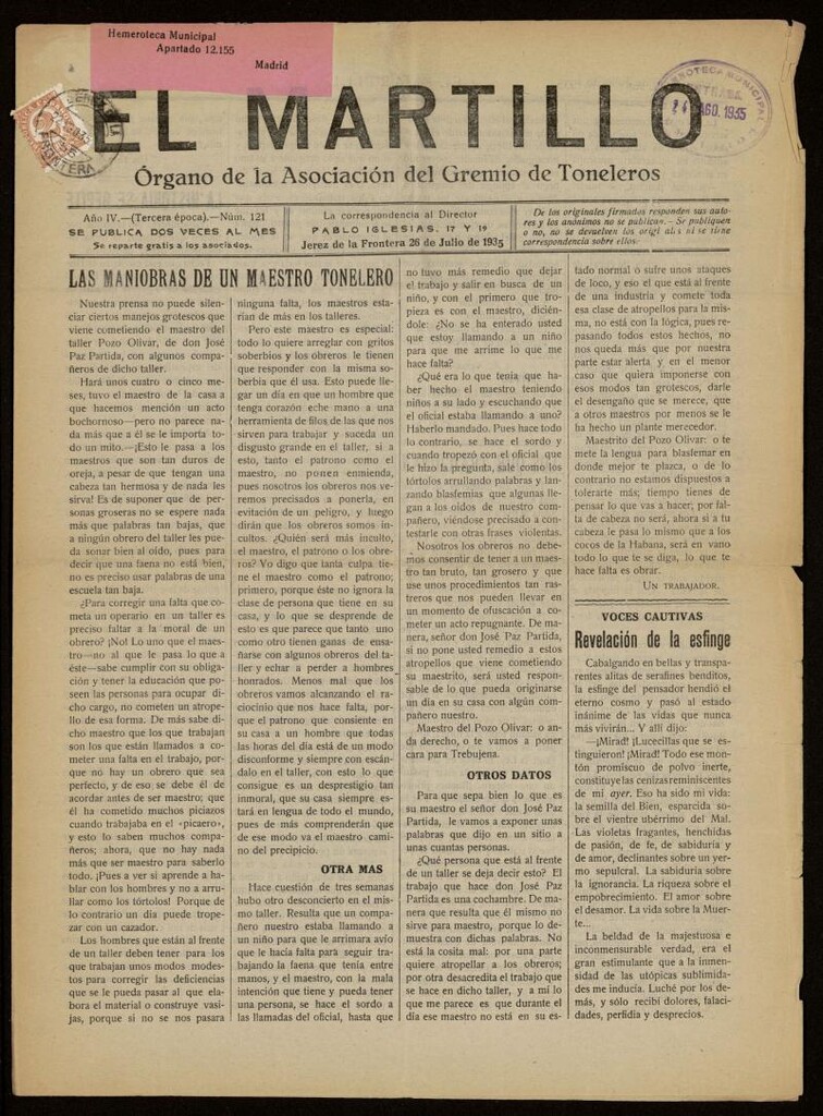 Miniatura de El Martillo: órgano de la Asociación del Gremio de Tonelero del 26 de julio de 1935, nº 121