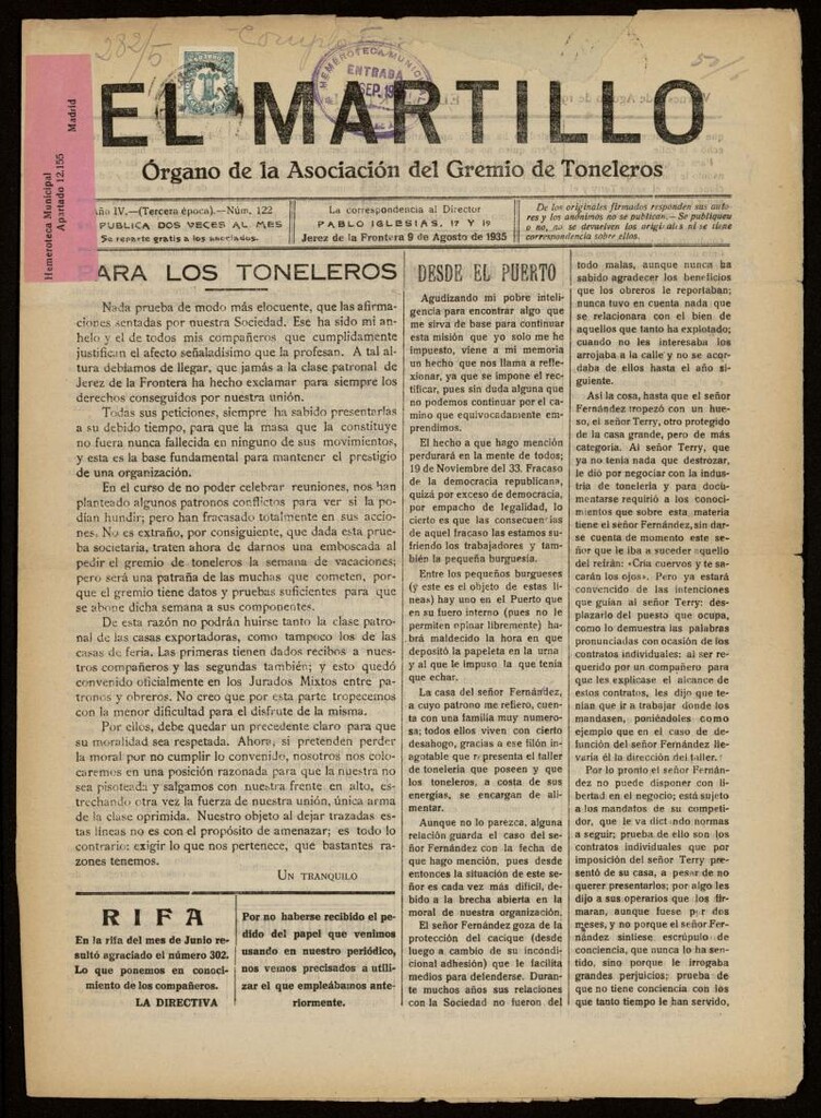 Miniatura de El Martillo: órgano de la Asociación del Gremio de Toneleros del 9 de agosto de 1935, nº 122