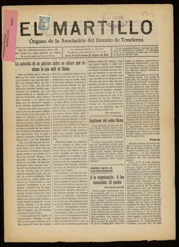 Miniatura de El Martillo: órgano de la Asociación del Gremio de Toneleros del 23 de agosto de 1935, nº 123