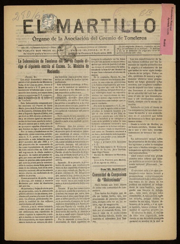 Miniatura de El Martillo: órgano de la Asociación del Gremio de Toneleros del 6 de septiembre de 1935, nº 124