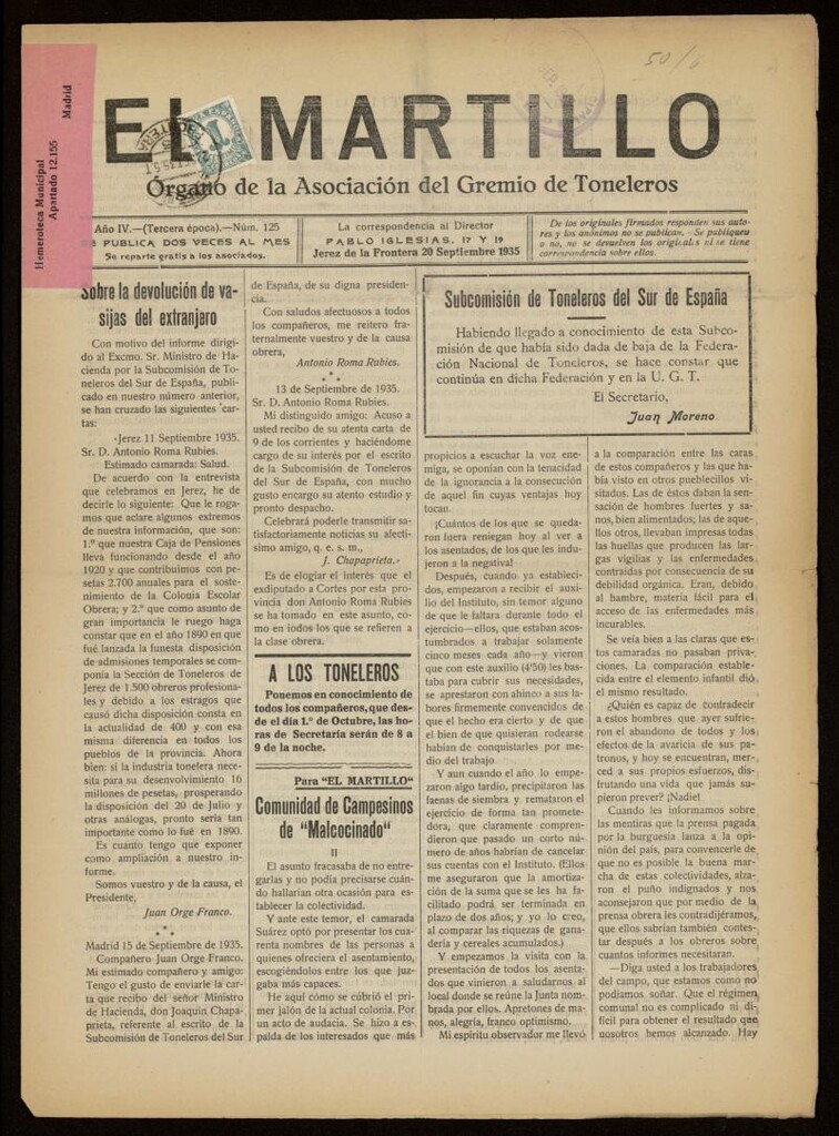 Miniatura de El Martillo: órgano de la Asociación del Gremio de Toneleros del 20 de septiembre de 1935, nº 125