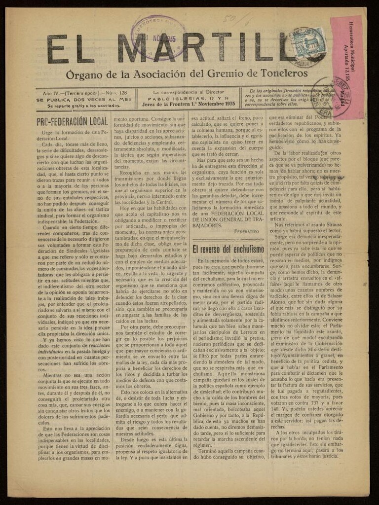 Miniatura de El Martillo: órgano de la Asociación del Gremio de Toneleros del 1 de noviembre de 1935, nº 128