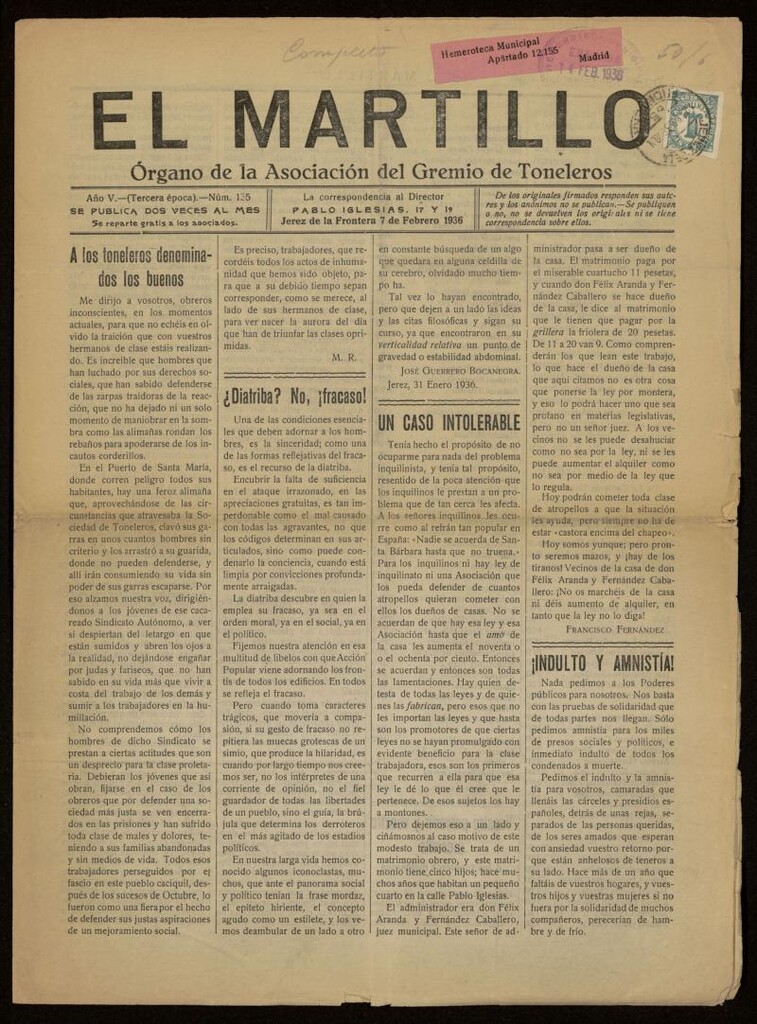 Miniatura de El Martillo: órgano de la Asociación del Gremio de Toneleros del 7 febrero de 1936, nº 135