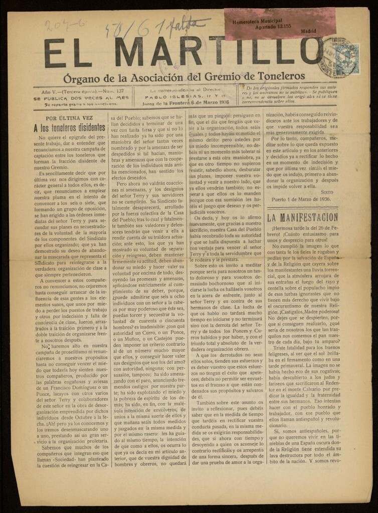 Miniatura de El Martillo: órgano de la Asociación del Gremio de Toneleros del 6 de marzo de 1936, nº 137