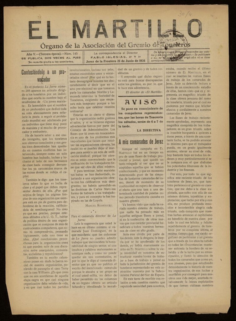 Miniatura de El Martillo: órgano de la Asociación del Gremio de Toneleros del 26 de junio de 1936, nº 145