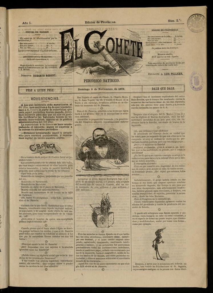 Miniatura de El Cohete: periódico satírico: pese a quien pese, dale que dale. 3 de noviembre de 1872, nº 2