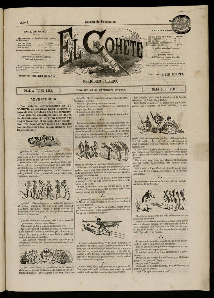 Miniatura de El Cohete: periódico satírico: pese a quien pese, dale que dale. 24 de noviembre de 1872, nº 5