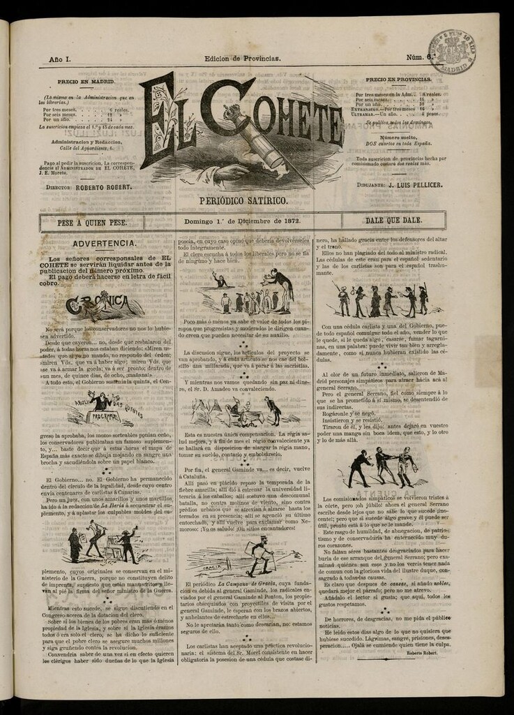 Miniatura de El Cohete: periódico satírico: pese a quien pese, dale que dale. 1 de diciembre de 1872, nº 6