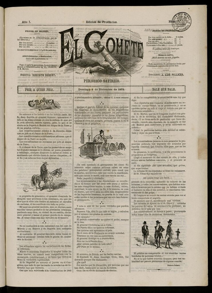 Miniatura de El Cohete: periódico satírico: pese a quien pese, dale que dale. 8 de diciembre de 1872, nº 7