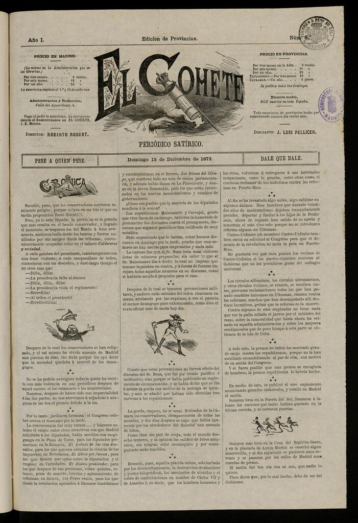 Miniatura de El Cohete: periódico satírico: pese a quien pese, dale que dale. 15 de diciembre de 1872, nº 8