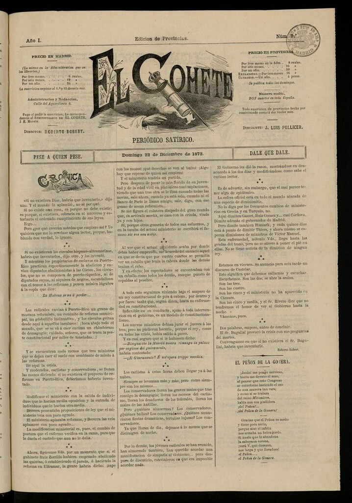 Miniatura de El Cohete: periódico satírico: pese a quien pese, dale que dale. 22 de diciembre de 1872, nº 9