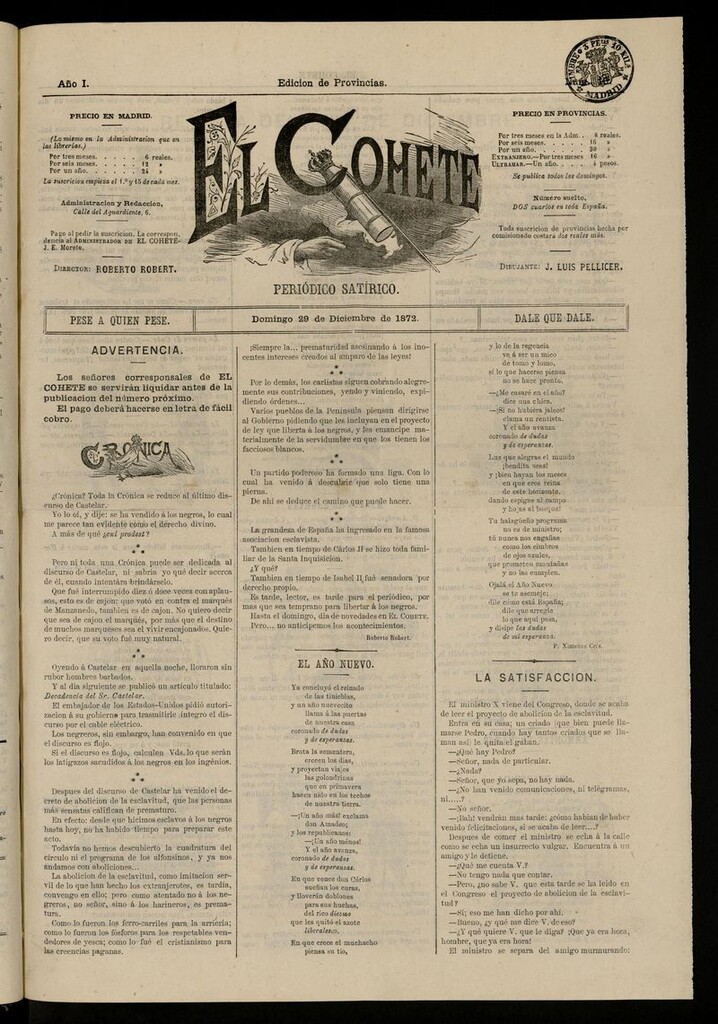 Miniatura de El Cohete: periódico satírico: pese a quien pese, dale que dale. 29 de diciembre de 1872, nº 10