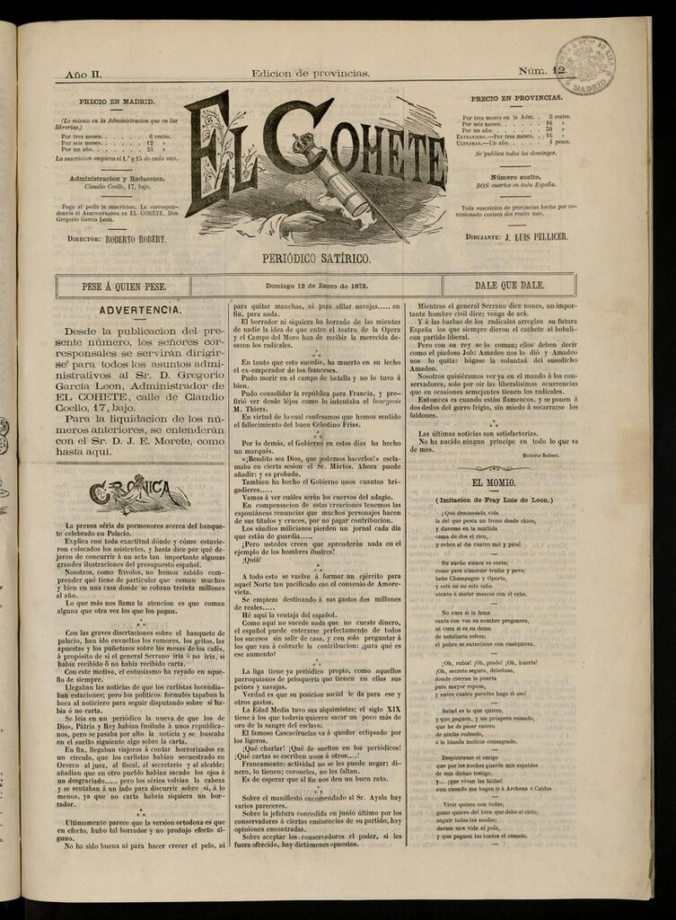 Miniatura de El Cohete: periódico satírico: pese a quien pese, dale que dale. 12 de enero de 1873, nº 12