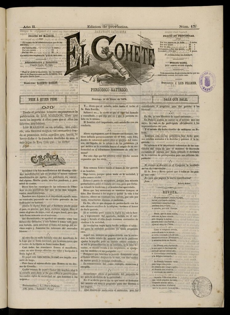 Miniatura de El Cohete: periódico satírico: pese a quien pese, dale que dale. 19 de enero de 1873, nº 13