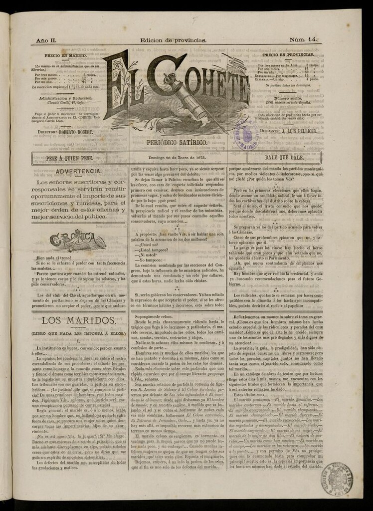 Miniatura de El Cohete: periódico satírico: pese a quien pese, dale que dale. 26 de enero de 1873, nº 14