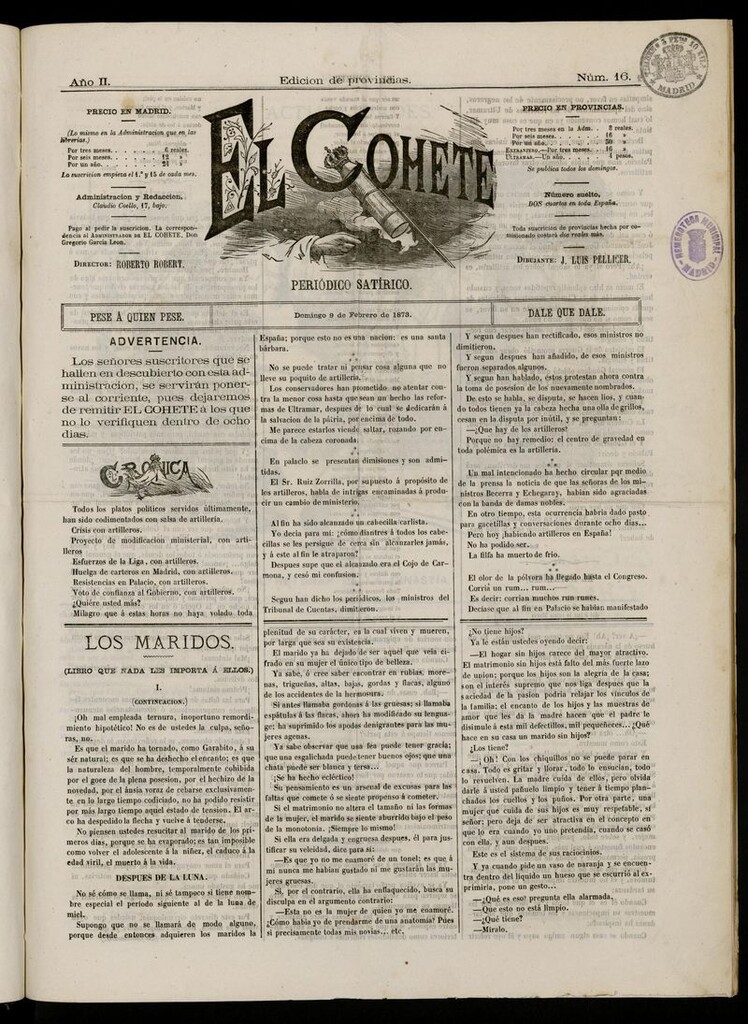 Miniatura de El Cohete: periódico satírico: pese a quien pese, dale que dale. 9 de febrero de 1873, nº 16