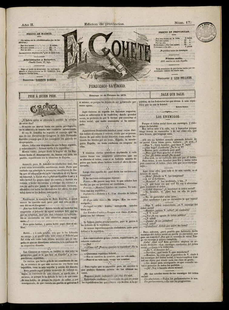 Miniatura de El Cohete: periódico satírico: pese a quien pese, dale que dale. 16 de febrero de 1873, nº 17