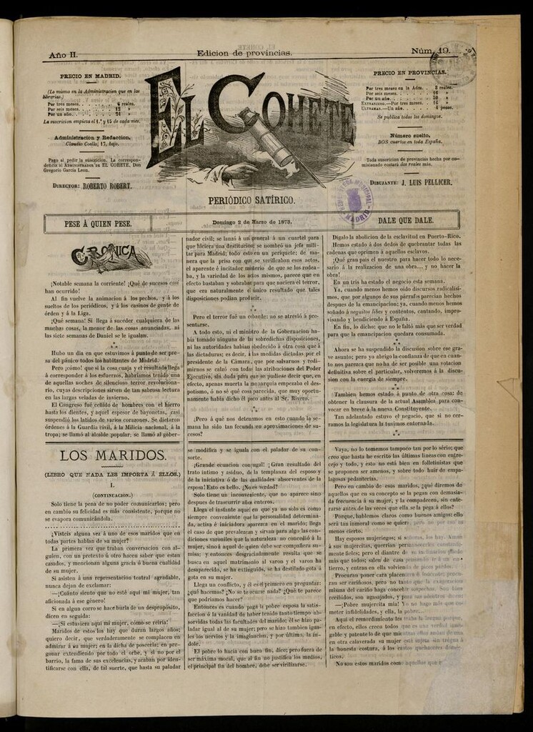 Miniatura de El Cohete : periódico satírico: pese a quien pese, dale que dale. 2 de marzo de 1873, nº 19