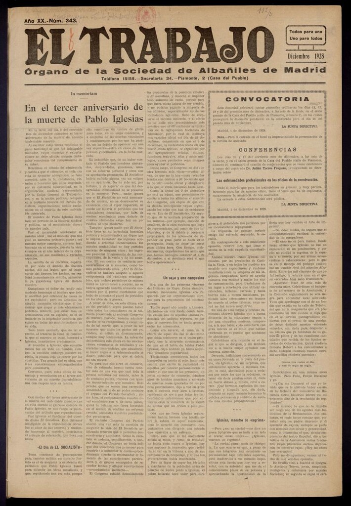 Miniatura de El Trabajo: órgano de la Sociedad de Albañiles de Madrid del 1 de diciembre de 1928, nº 343
