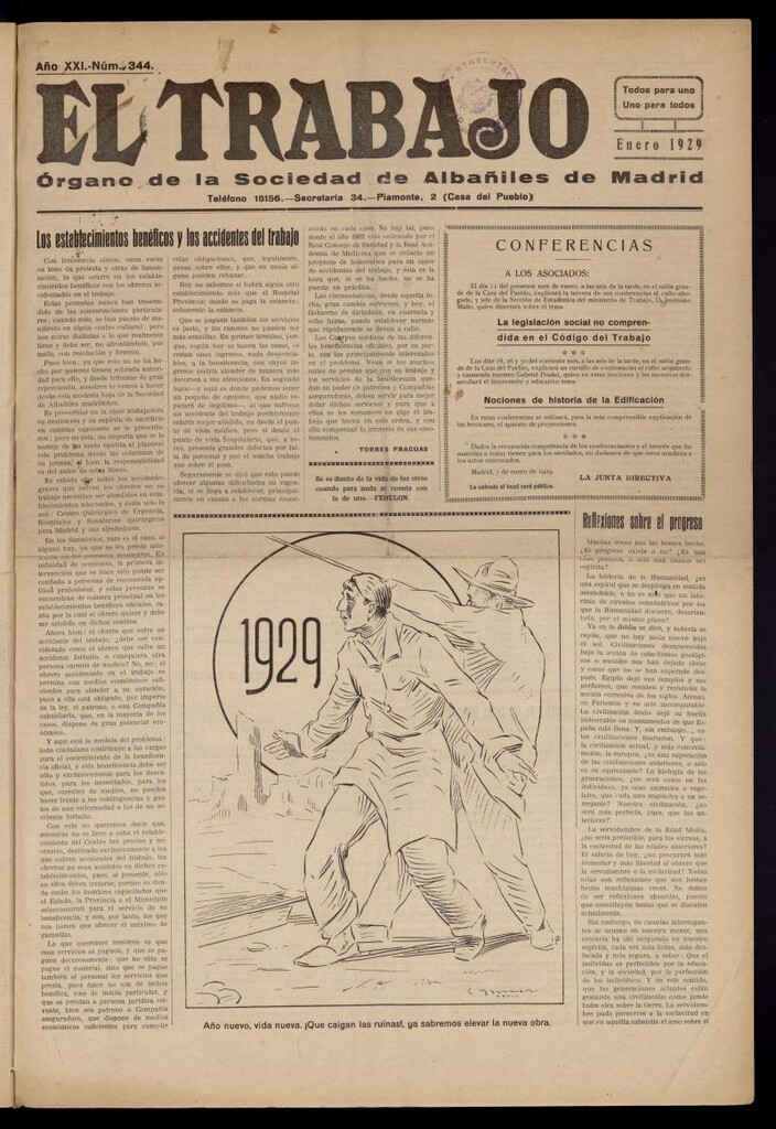 Miniatura de El Trabajo: órgano de la Sociedad de Albañiles de Madrid del 1 de enero de 1929, nº 344