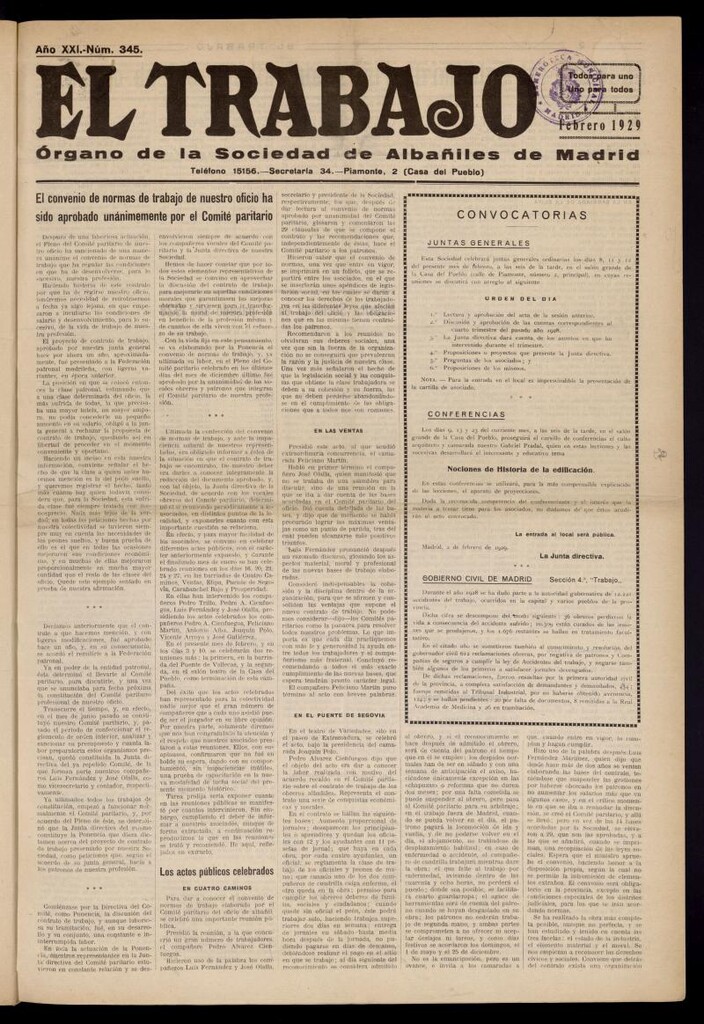 Miniatura de El Trabajo: órgano de la Sociedad de Albañiles de Madrid del 1 de febrero de 1929, nº 345