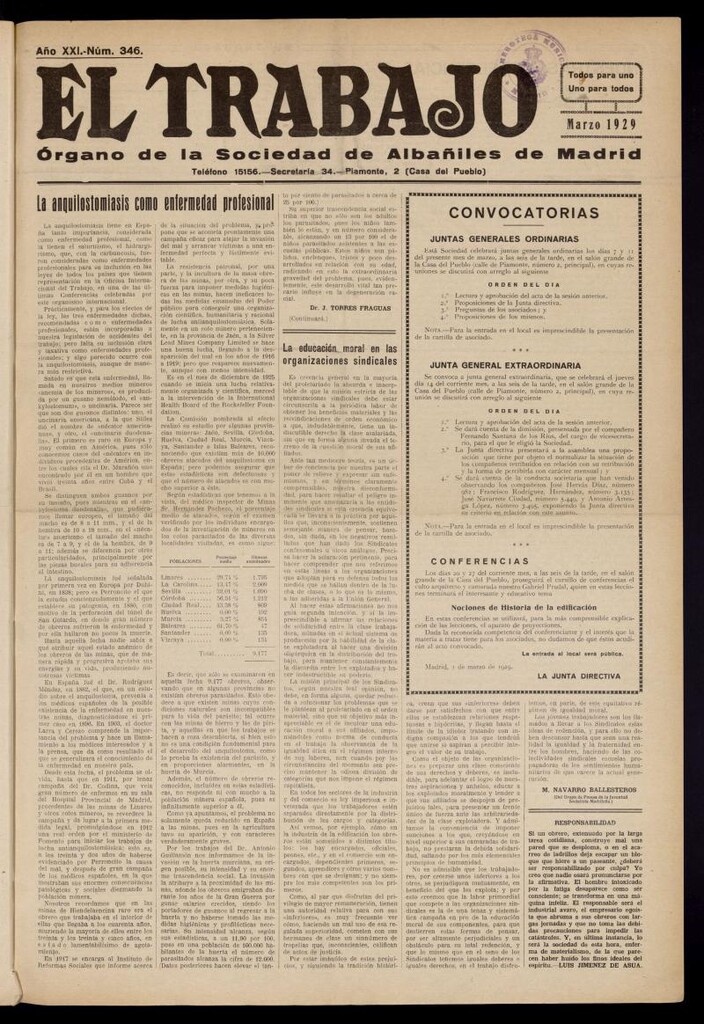 Miniatura de El Trabajo: órgano de la Sociedad de Albañiles de Madrid, 1 de marzo de 1929, nº 346