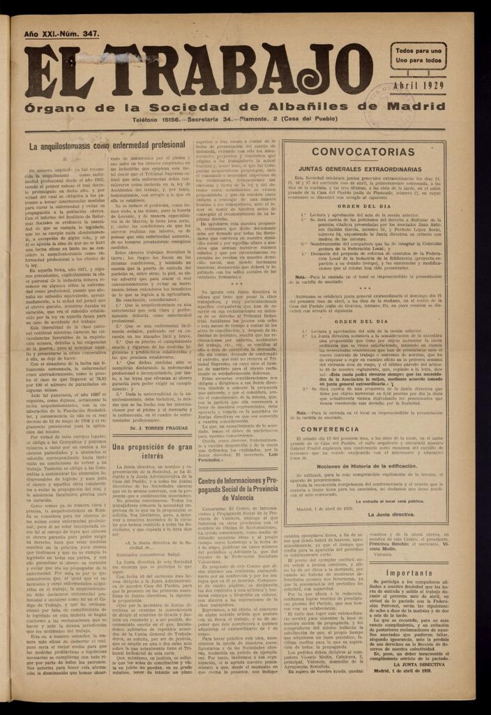 Miniatura de El Trabajo: órgano de la Sociedad de Albañiles de Madrid del 1 de abril de 1929, nº 347