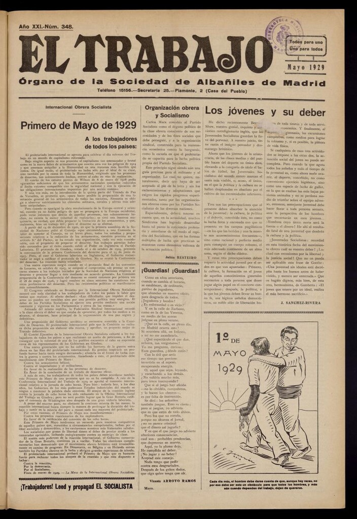 Miniatura de El Trabajo: órgano de la Sociedad de Albañiles de Madrid del 1 de mayo de 1929, nº 348