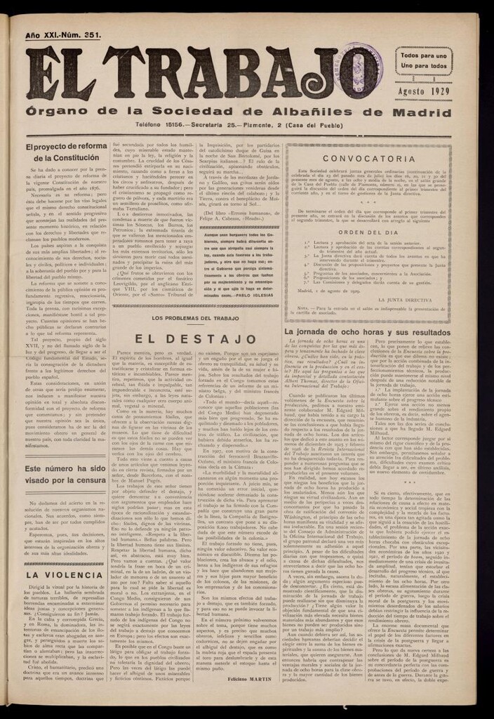 Miniatura de El Trabajo: órgano de la Sociedad de Albañiles de Madrid del 1 de agosto de 1929, nº 351