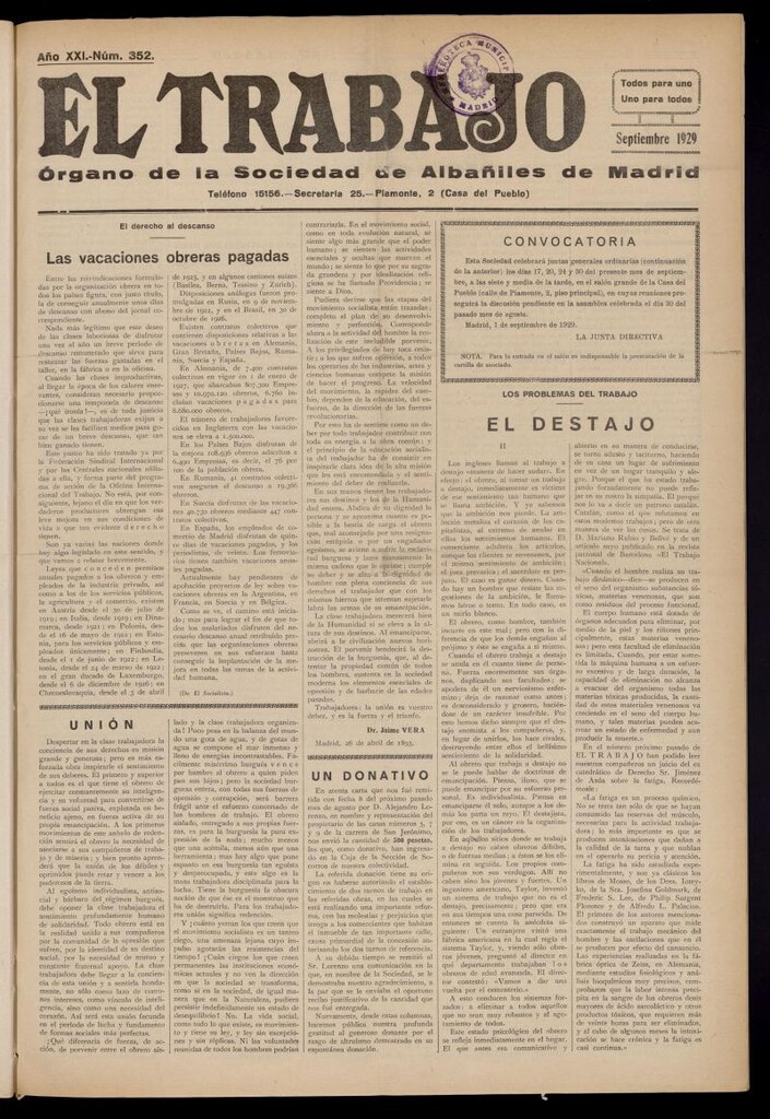 Miniatura de El Trabajo: órgano de la Sociedad de Albañiles de Madrid, 1 de septiembre de 1929, nº 352