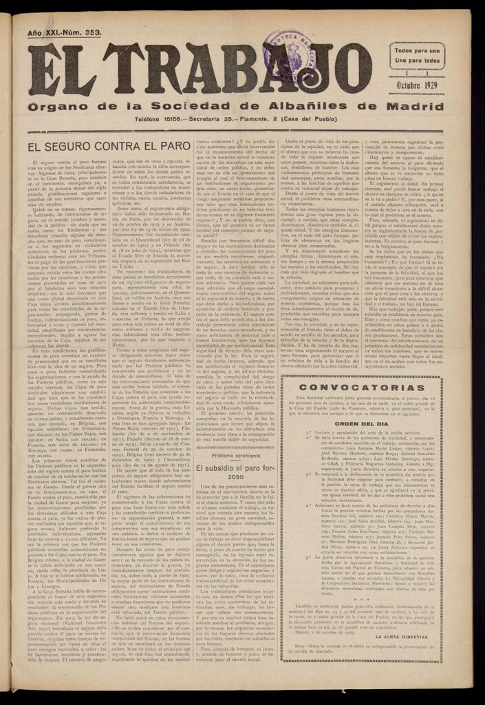 Miniatura de El Trabajo: órgano de la Sociedad de Albañiles de Madrid del 1 de octubre de 1929, nº 353