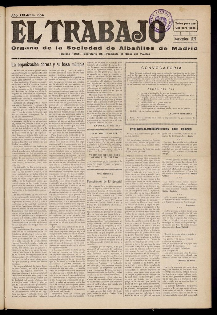 Miniatura de El Trabajo: órgano de la Sociedad de Albañiles de Madrid del 1 de noviembre de 1929, nº 354