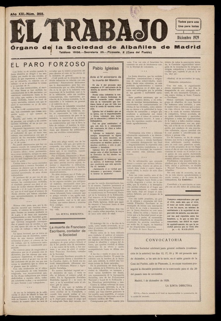 Miniatura de El Trabajo: órgano de la Sociedad de Albañiles de Madrid del 1 de diciembre de 1929, nº 355