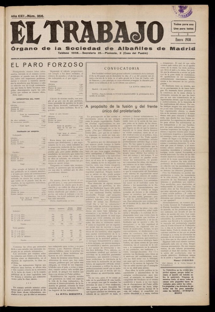 Miniatura de El Trabajo: órgano de la Sociedad de Albañiles de Madrid del 1 de enero de 1930, nº 356